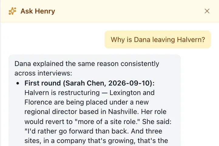The Ask Henry panel answering a question about a candidate by quoting the evidence from each interviewer's session