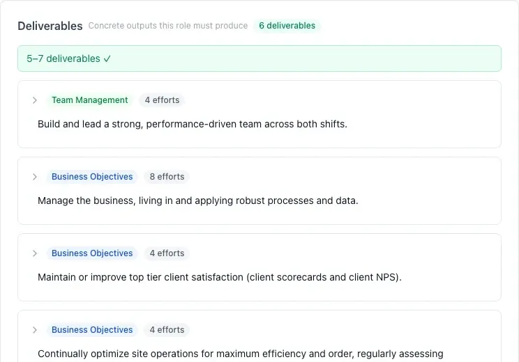 The Deliverables section of a General Manager Cipher with named outputs and linked efforts