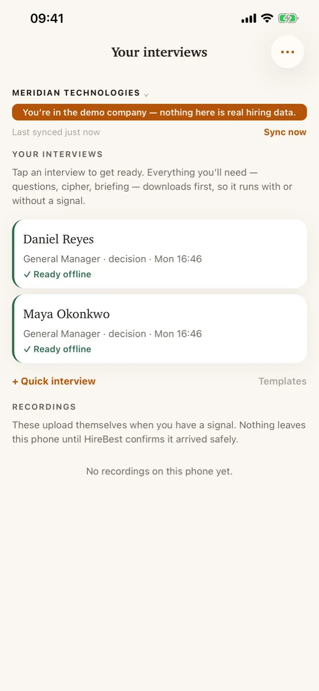 HireBest Interview Companion meetings list with interviews ready offline