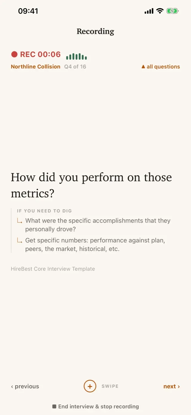 One structured interview question displayed while the mobile app records