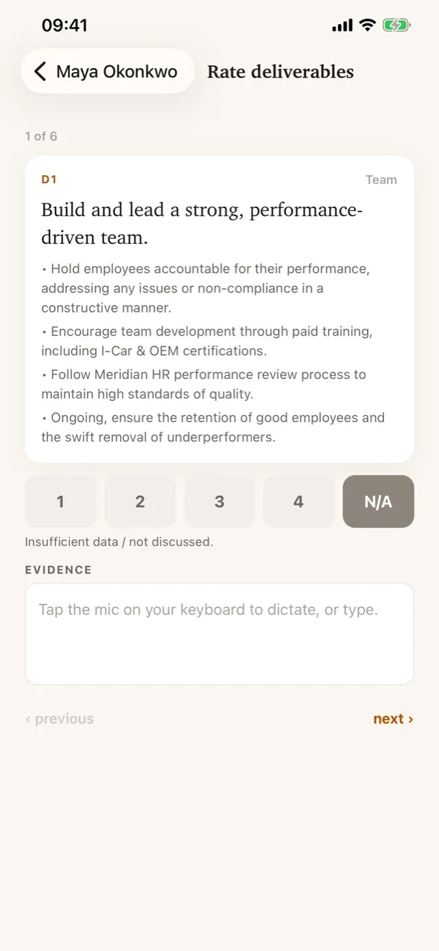 The mobile Cipher rating screen with a four-point rating and dictated evidence