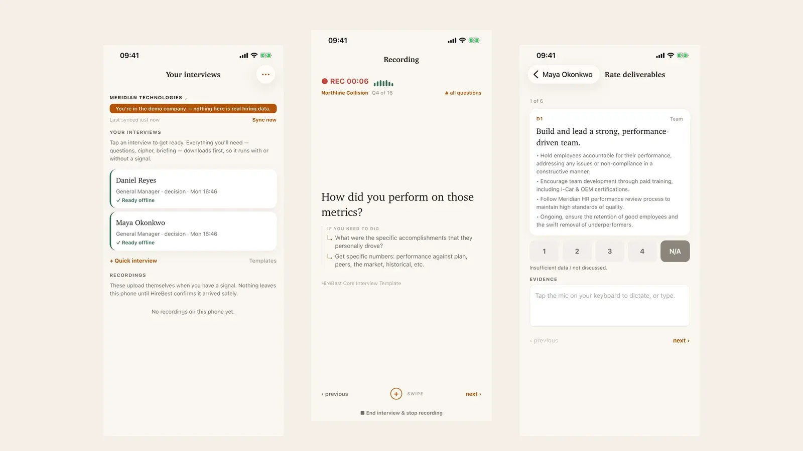 Three HireBest Companion App screens: the offline-ready interview list, the live question loop while recording, and the cipher rating
