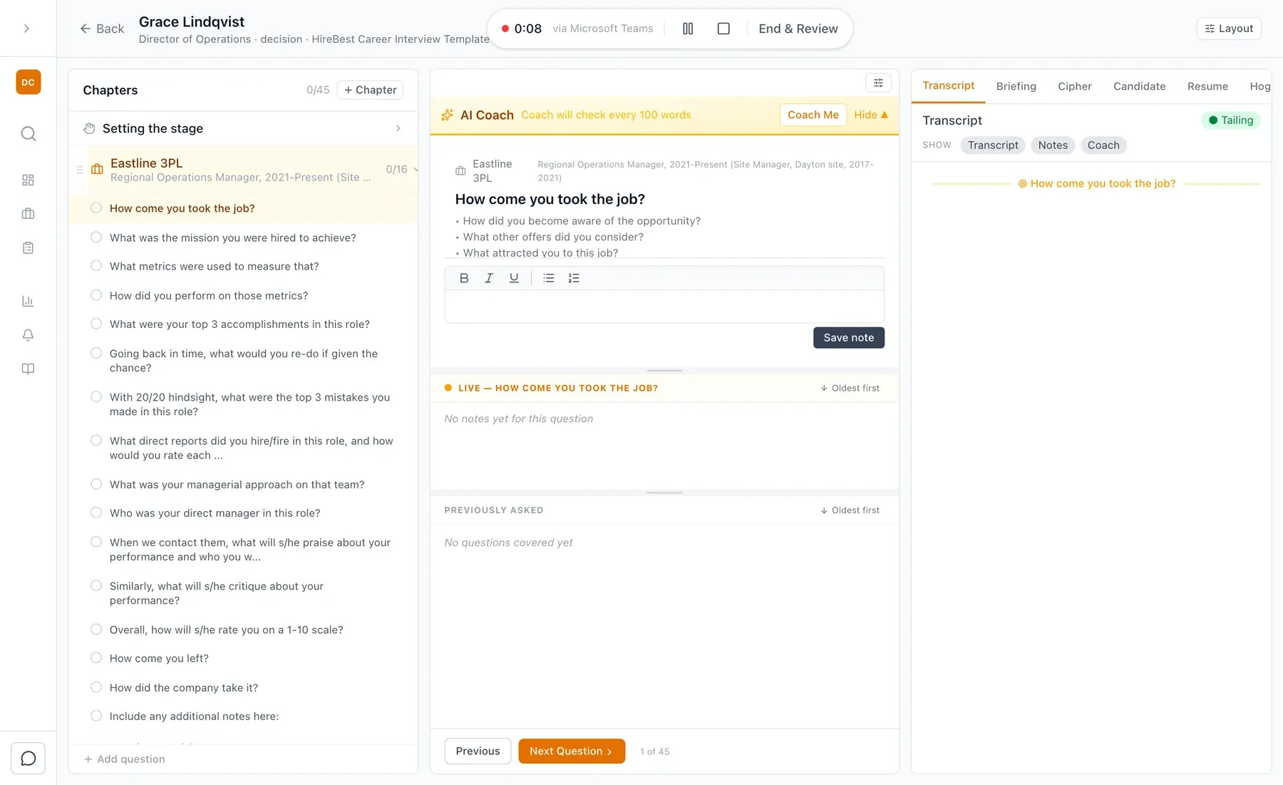 The live Interview Hub with candidate history, interview guidance and notes
