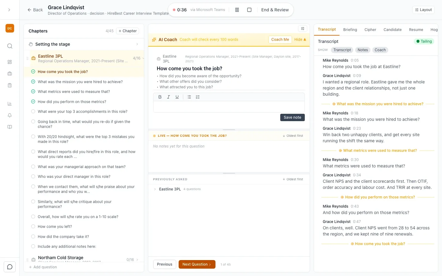 The live Interview Hub showing the question guide, AI Coach and attributed transcript together