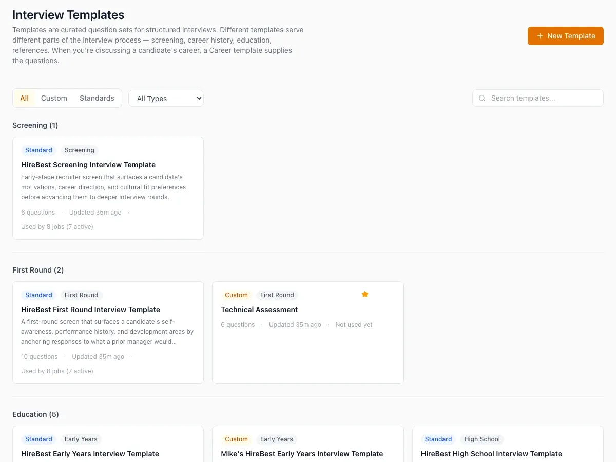 The HireBest interview template library showing standard and custom question sets grouped by interview round