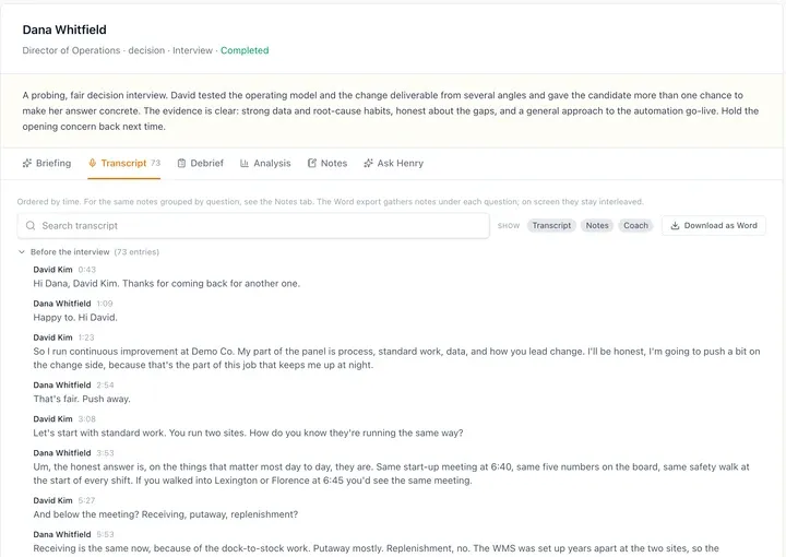 A completed interview transcript in HireBest, with every speaker turn timestamped and attributed